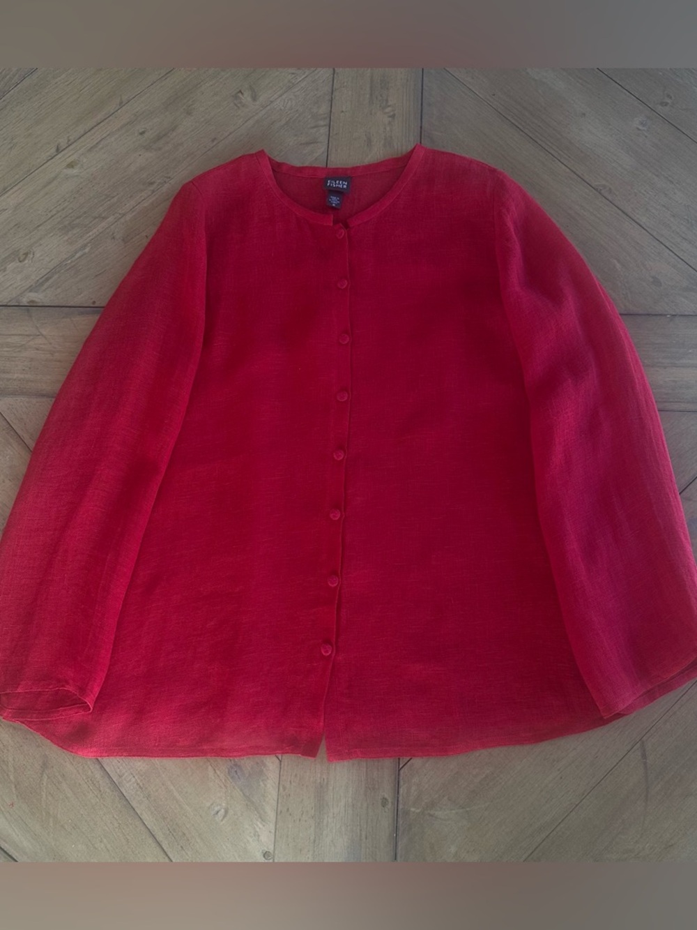 Eileen Fisher Linen Red Mandarin Collar Long Sleeve Top Gauze-y Purist Sheer M